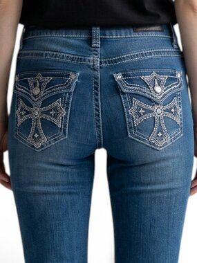 MUDD Flare Leg Jeans Women's Size 0 25R Dark Wash Embroidered Pockets VTG 90s